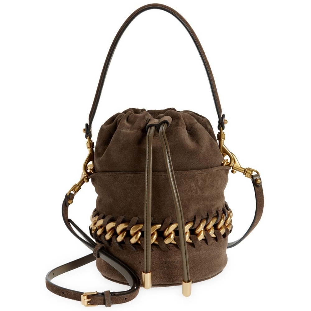 Rebecca Minkoff Chain Bucket Bag in Porcini Brown Suede Leather Gold Chain